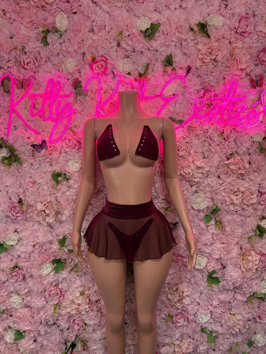 Exotic Dancewear - Two Piece Skirt Set  -  Burgundy - Sexy Festival Outfit, Clubwear, Performance Costume, EDM Party Wear