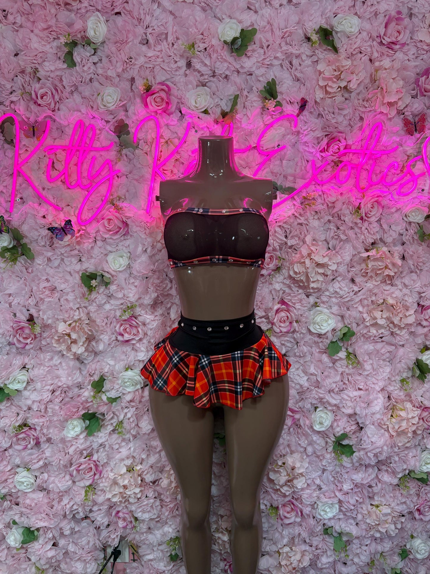 Exotic Dancewear - Two Piece Skirt Set  -  Red Plaid  - Sexy Festival Outfit, Clubwear, Performance Costume, EDM Party Wear