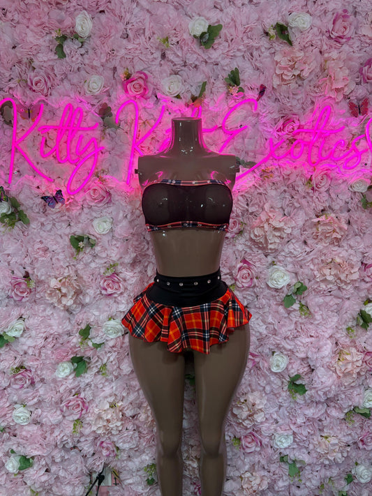 Exotic Dancewear - Two Piece Skirt Set  -  Red Plaid  - Sexy Festival Outfit, Clubwear, Performance Costume, EDM Party Wear