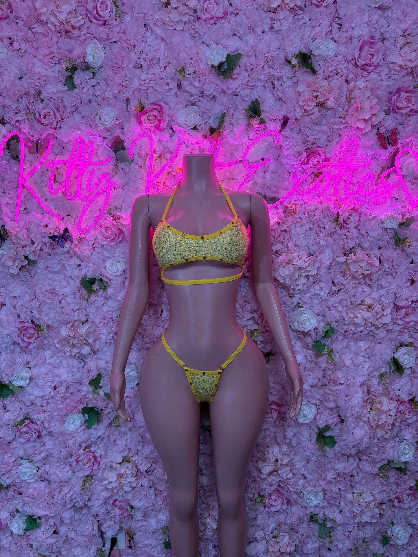 Rave Outfit Two-Piece Yellow Rhinestone Gstring  Bikini  Cute Swimsuit Set for Beach, Pool, or Vacation | Exotic Dancewear Festival wear