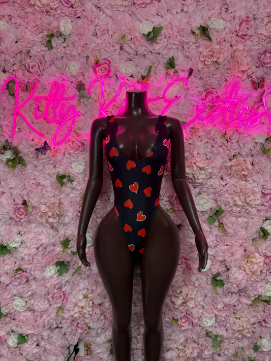 Rave Outfit Black One Piece Bodysuit Hearts  - Sexy Performance Costume, Latin Sultry, Bold Dance Outfit, Womens Party Outfit