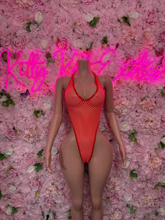 Festival Outfit One Piece Fishnet Red Dancewear Exotic Wear - Rave Outfit