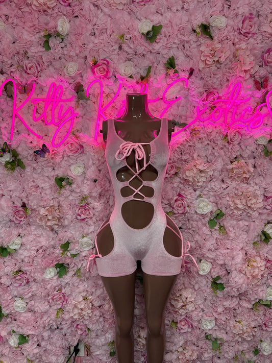 Rave Outfit - Bottlegirl One Piece Bodysuit Pink Velvet- Sexy Performance Costume, Exotic Dancewear, Bold Dance Outfit