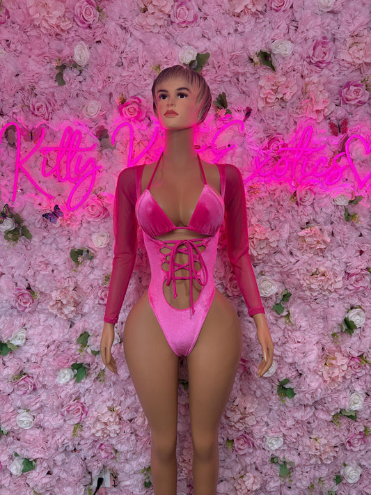 Rave Wear - Bottlegirl One Piece Bodysuit Pink Velvet  - Sexy Performance Costume, Exotic Dancewear, Bold Dance Outfit