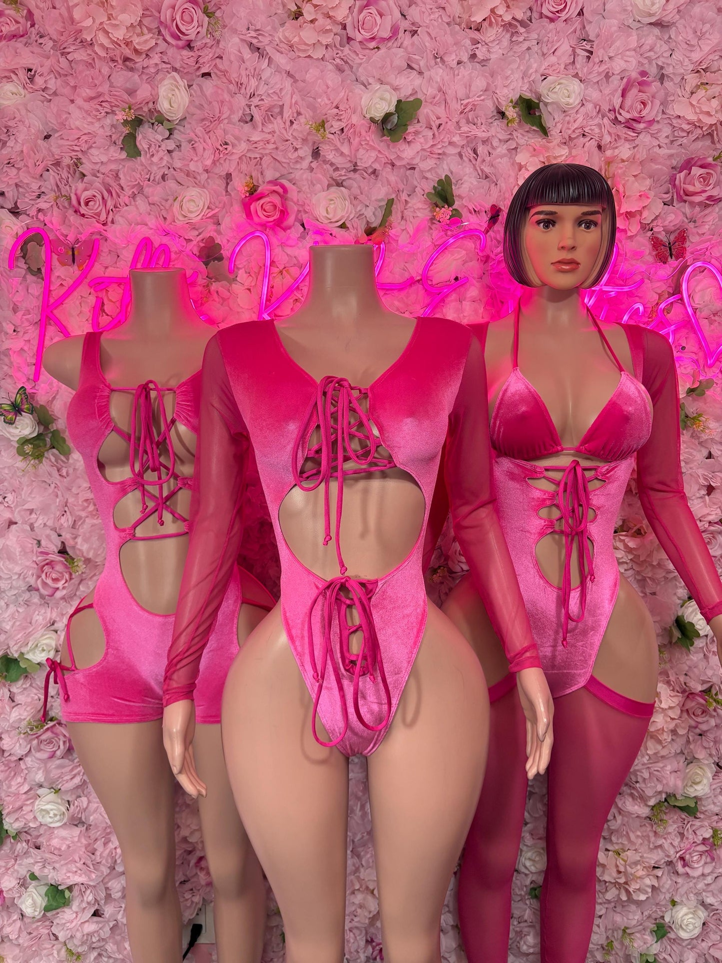 Bottlegirl Bartender Outfit One Piece Bodysuit Pink Velvet  - Sexy Performance Costume, Exotic Dancewear, Bold Dance Outfit