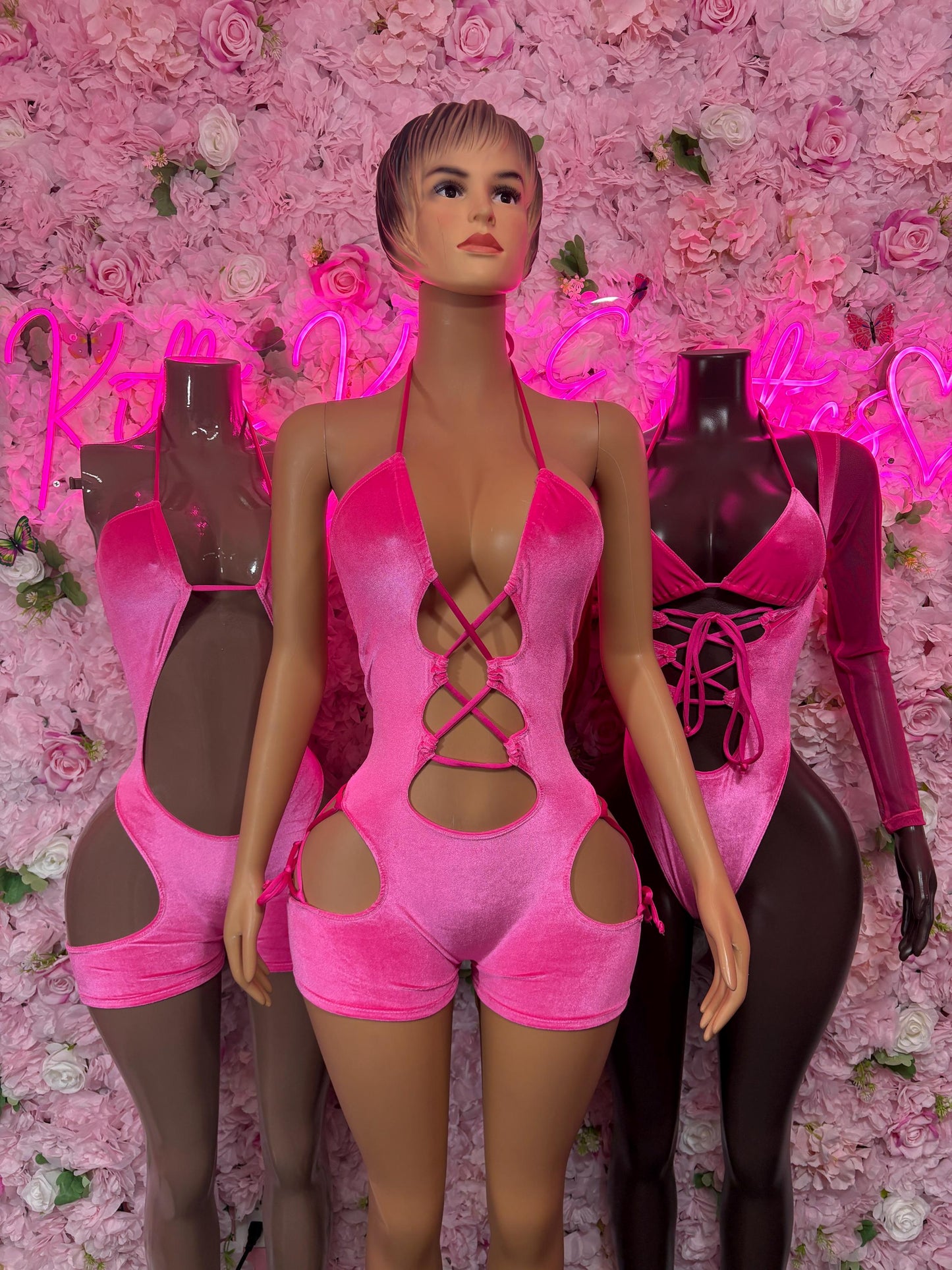 Rave Wear - Bottlegirl One Piece Bodysuit Pink Velvet  - Sexy Performance Costume, Exotic Dancewear, Bold Dance Outfit