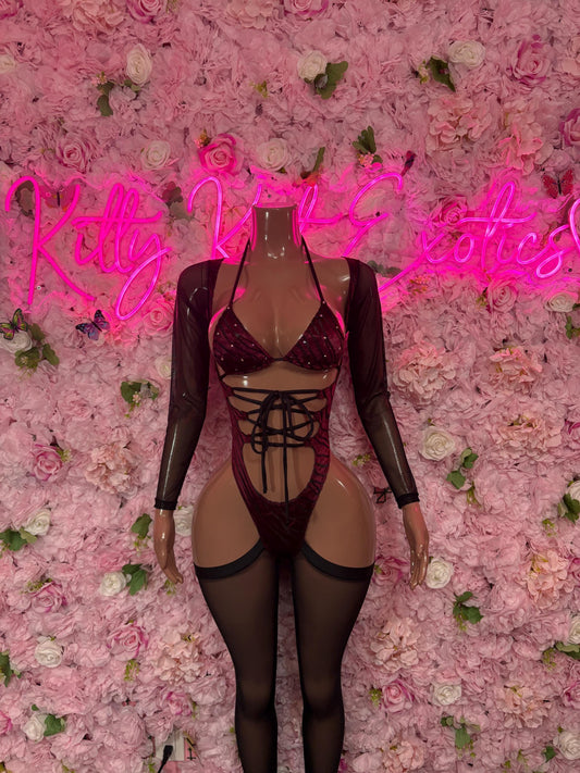 Rave Outfit - Bottlegirl One Piece Bodysuit Burgundy Velvet  - Sexy Performance Costume, Exotic Dancewear, Bold Dance Outfit