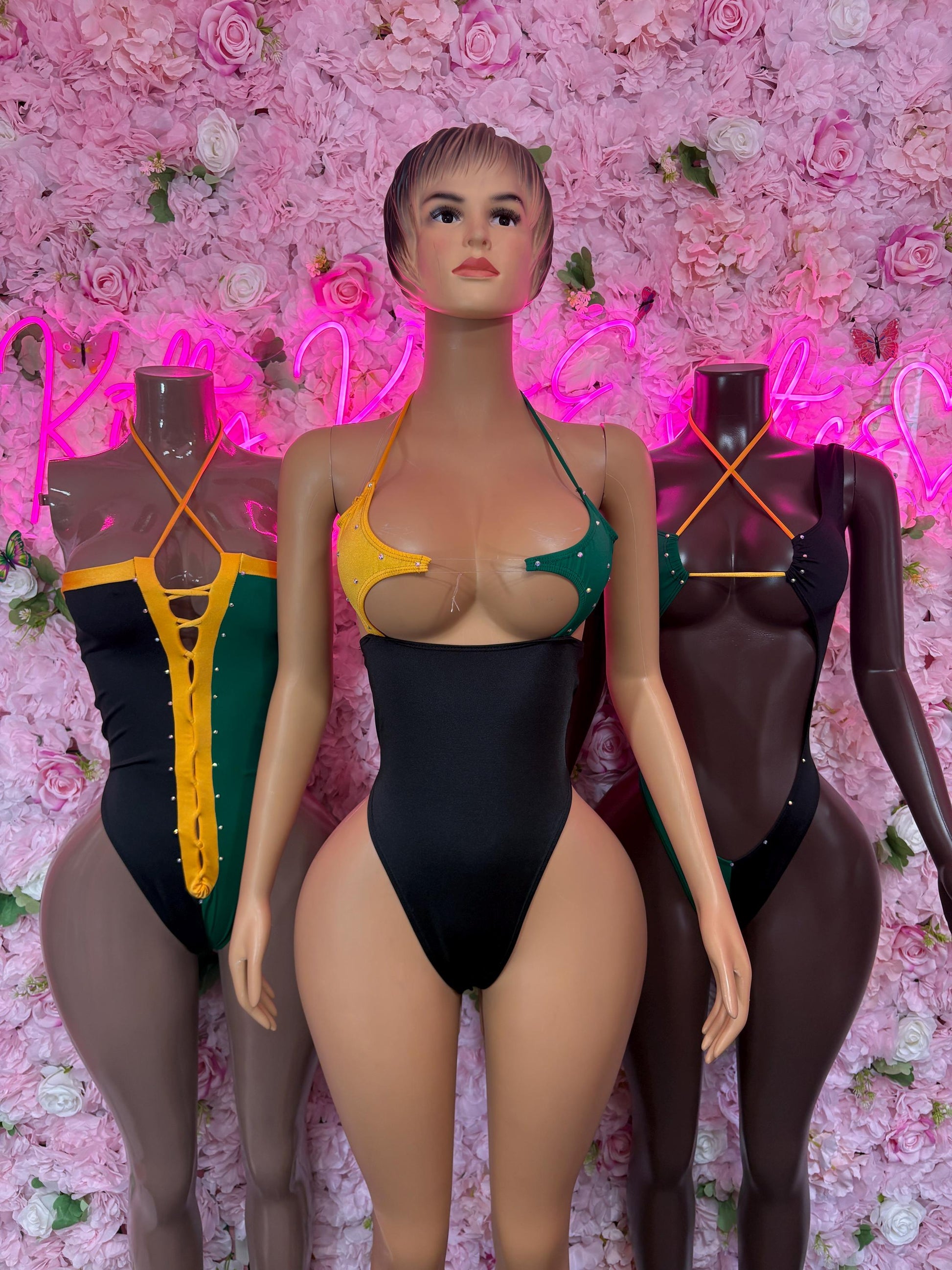 Jamaica flag one-piece swimsuit with multicolor straps and black bodice