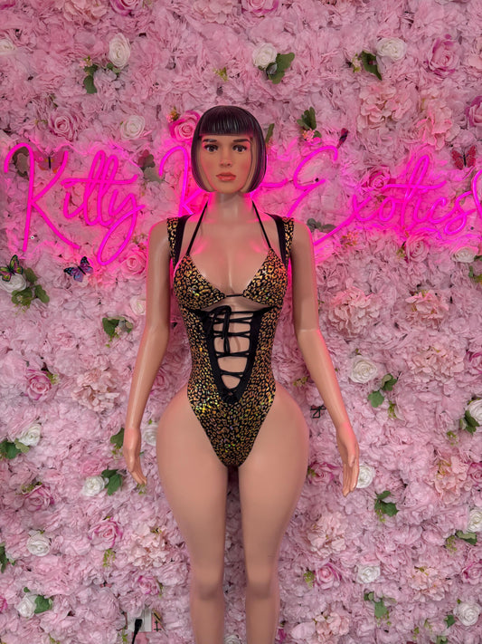 Rave Bodysuit  One-Piece - Gold  Metallic Cheetah Design | Exotic Dancewear for Performers, Raves, & Festival Clothing
