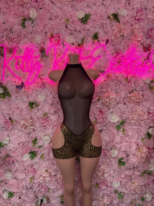 Rave Bodysuit  One-Piece - Gold  Metallic Cheetah Design | Exotic Dancewear for Performers, Raves, & Festival Clothing