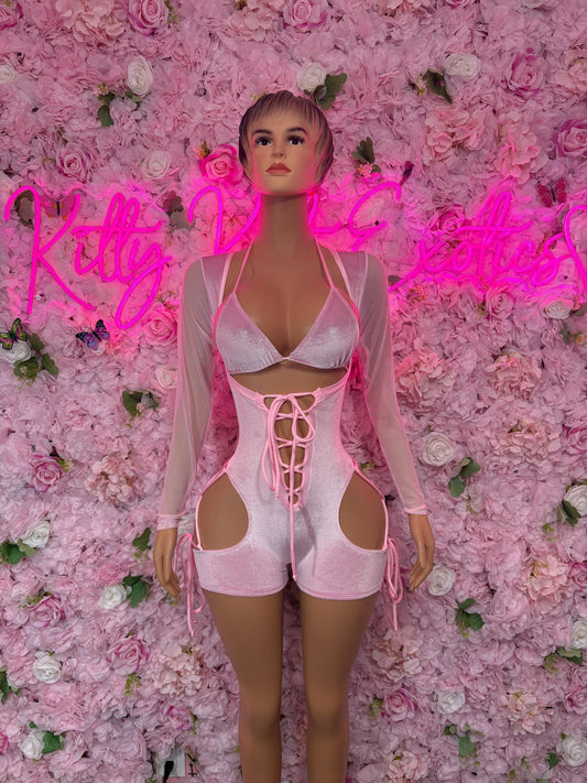 Bottlegirl One Piece Bodysuit Pink Velvet  - Sexy Performance Costume, Exotic Dancewear, Bold Dance Outfit, Womens Party Outfit