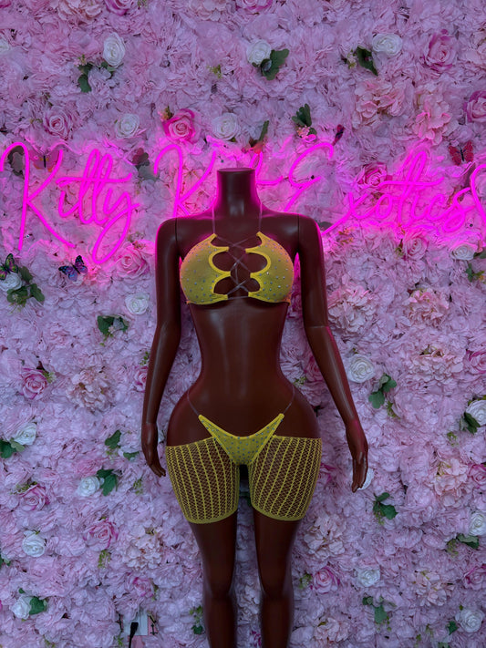 Fishnet Bodysuit Two-Piece Yellow  Exotic Dancewear, Ravewear for Performers, Raves, or Night Out | Bottle girl Outfits