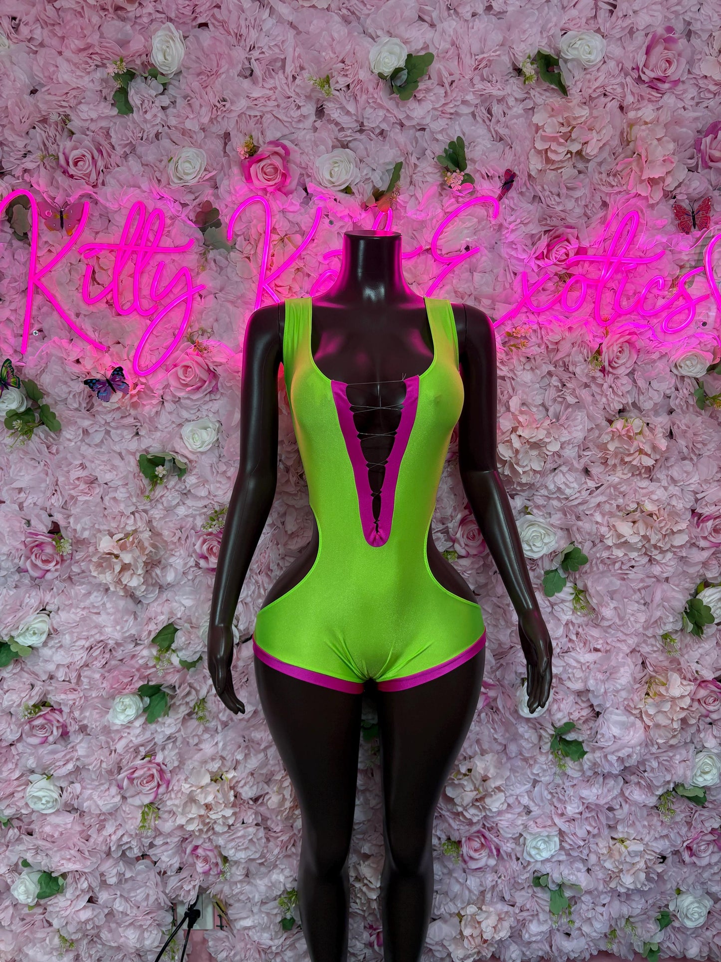 Rave Wear  Bodysuit One-Piece Neon Green and Pink   Exotic Dancewear, Ravewear for Performers, Raves, or Night Out | Bottle girl Outfits