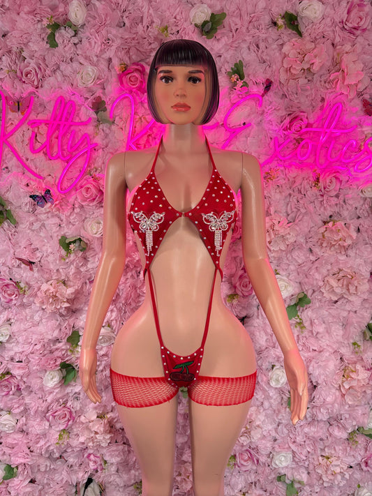 Exoric Dancewear  Costume  One -Piece Red Rhinestone Slingshot  Festival & Rave Wear, Dancewear for Women