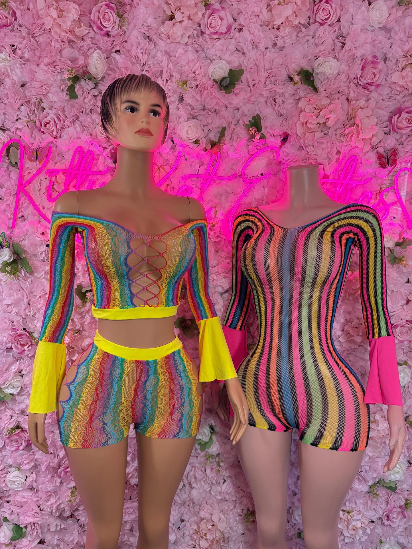 Rave Outfit   One -Piece Rainbow Fishnet Bodysuit  Festival & Rave Wear, Dancewear for Women