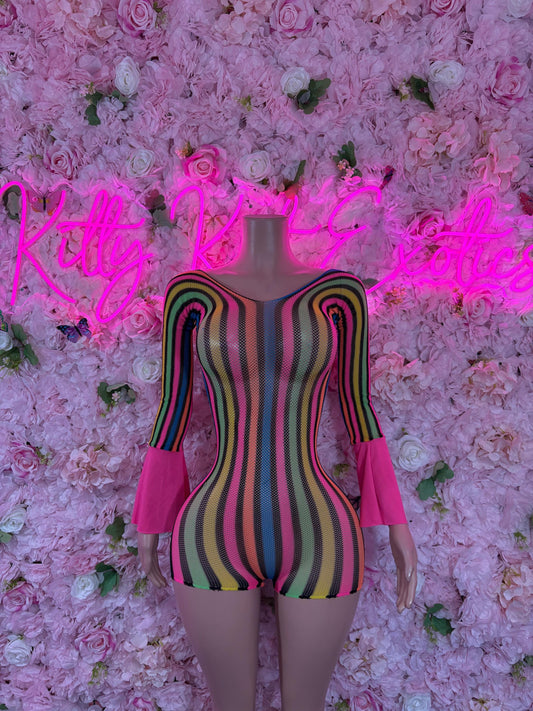 Rave Outfit   One -Piece Rainbow Fishnet Bodysuit  Festival & Rave Wear, Dancewear for Women