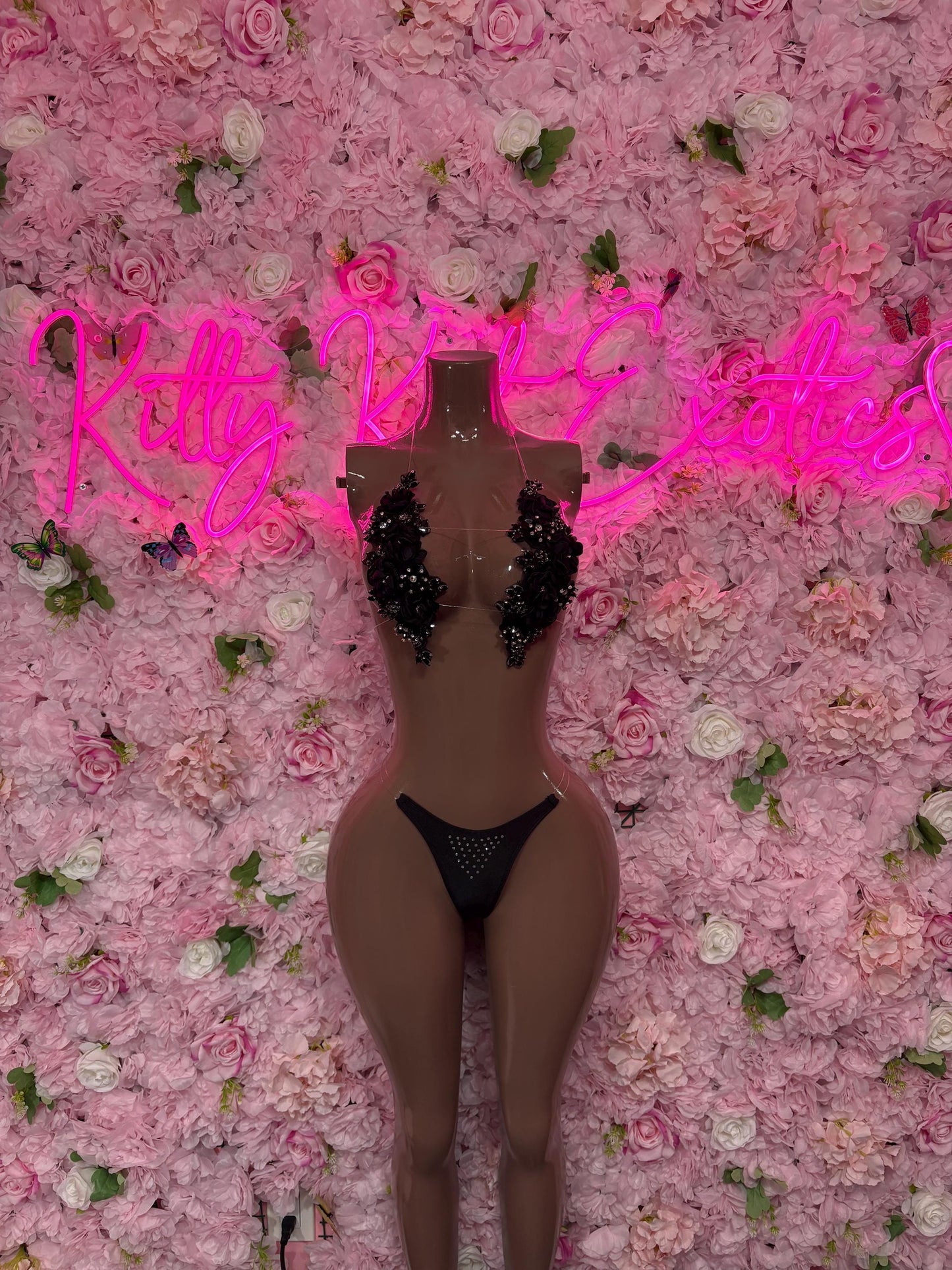 Exotic Dancewear Two Piece Black Rhinestone Floral Set Dancewear Festival Wear Exotic Ravewear Costume Performer Outfit