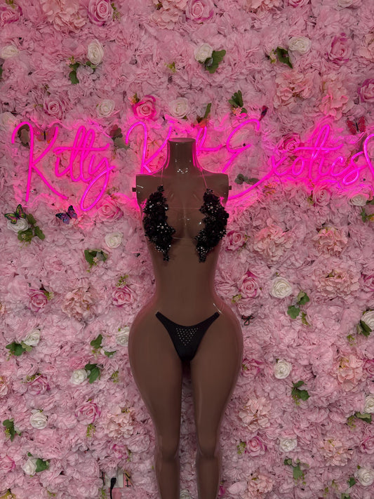 Exotic Dancewear Two Piece Black Rhinestone Floral Set Dancewear Festival Wear Exotic Ravewear Costume Performer Outfit