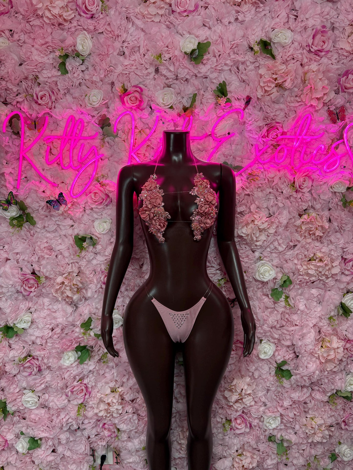 Exotic Dancewear Two Piece Pink Rhinestone Floral Set Dancewear Festival Wear Exotic Ravewear Costume Performer Outfit