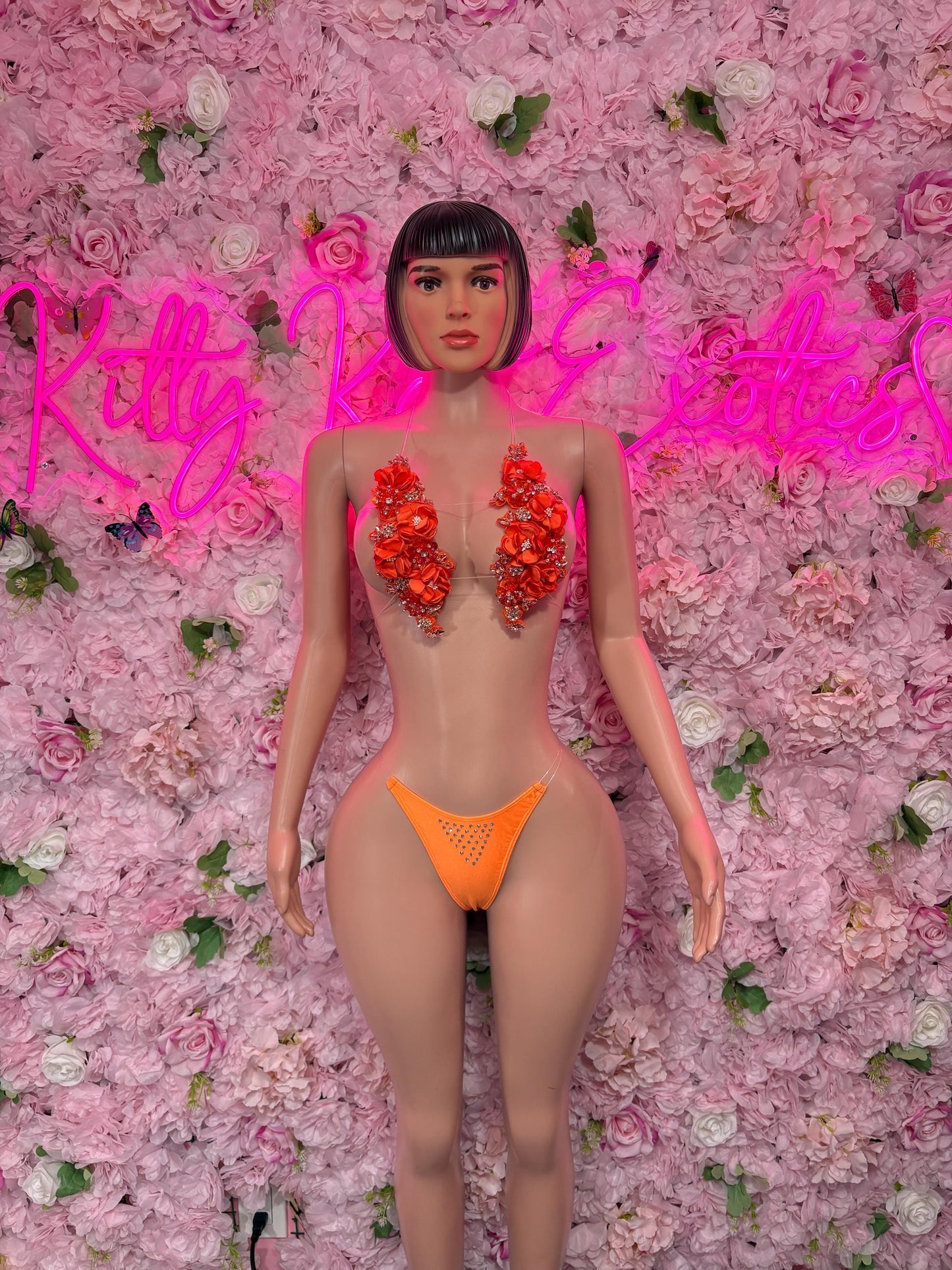 Rave Two Piece Orange Rhinestone Floral Set Dancewear Festival Wear Exotic Ravewear Costume Performer Outfit