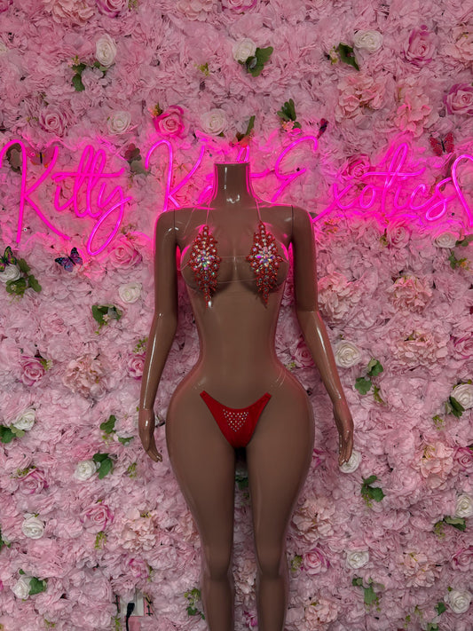 Rave Two Piece Red Rhinestone Bikini Set Dancewear Festival Wear Exotic Ravewear Costume Performer Outfit