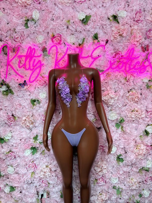 Exotic Dancewear Two Piece Lilac Rhinestone Floral Bikini Set Dancewear Festival Wear Exotic Ravewear Costume Performer Outfit