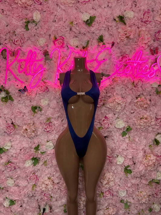 Blue one-piece dance bodysuit with deep V neckline and high-cut leg openings