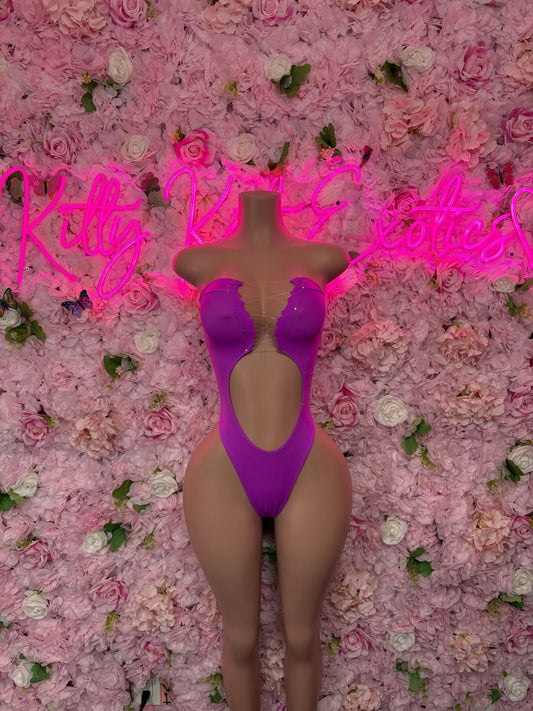 Purple halter bodysuit with cheeky back and strappy cutouts