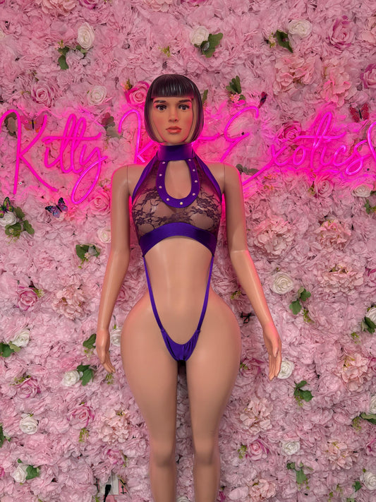Exotic Dancewear  One-Piece Purple Slingshot - Festival Outfit, EDM Party Costume, Glitter Dancewear, Boho Clubwear