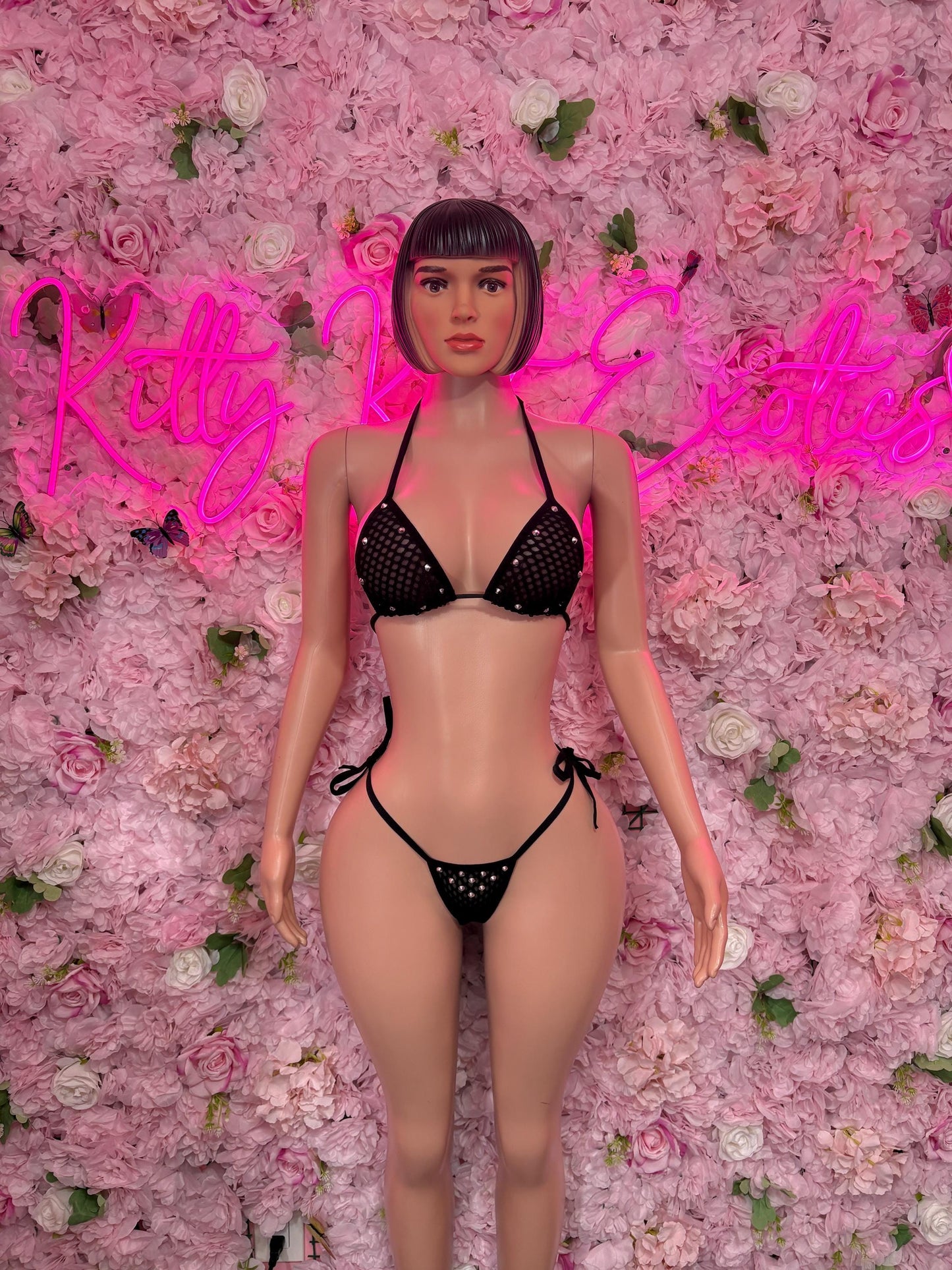 Rave Outfit Two-Piece Black Rhinestone Gstring  Bikini  Cute Swimsuit Set for Beach, Pool, or Vacation | Exotic Dancewear Festival wear