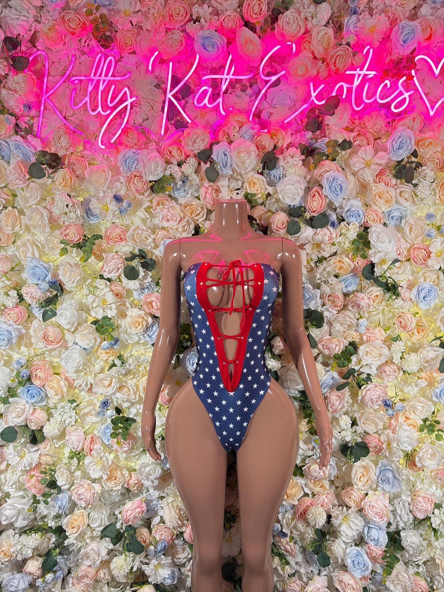 USA Flag One Piece Bodysuit  USA Patriotic Exotic Outfit for Strippers, Raves, Bottlegirls, and Performers  Red White & Blue Festival