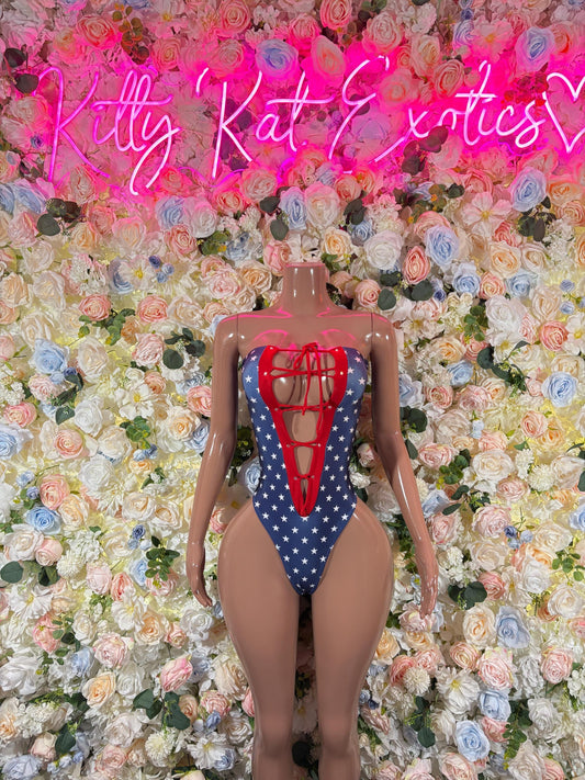 USA Flag One Piece Bodysuit  USA Patriotic Exotic Outfit for Strippers, Raves, Bottlegirls, and Performers  Red White & Blue Festival