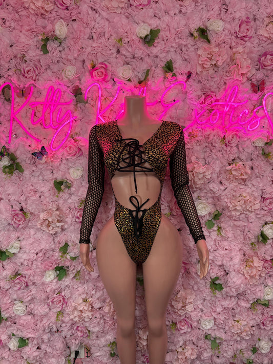 Exotic Dancewear One-Piece Bodysuit - Gold  Metallic Cheetah Design | Exotic Dancewear for Performers, Raves, & Festival Clothing