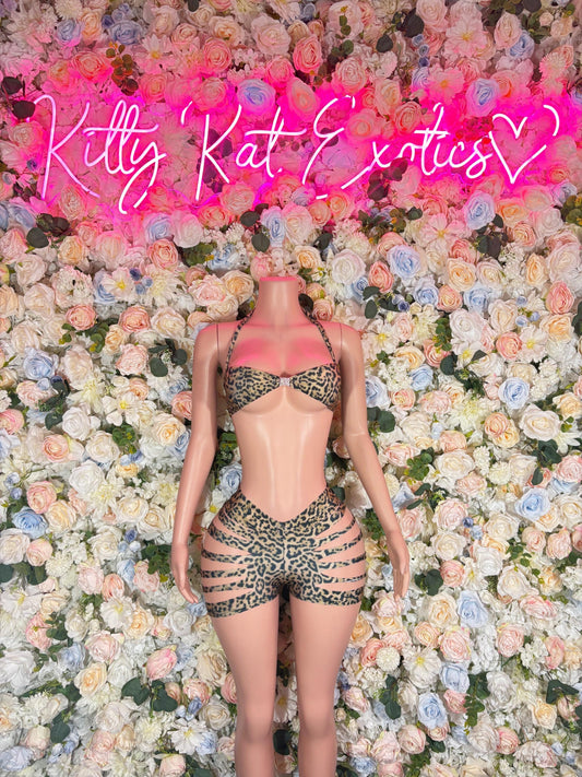 Leopard-print rave bodysuit with front cutout and crisscross straps