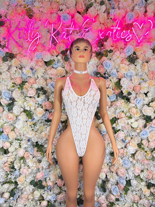 Summer White Lace Bodysuit With Choker   Rave Outfit Bartender outfit Exotic Dancewear