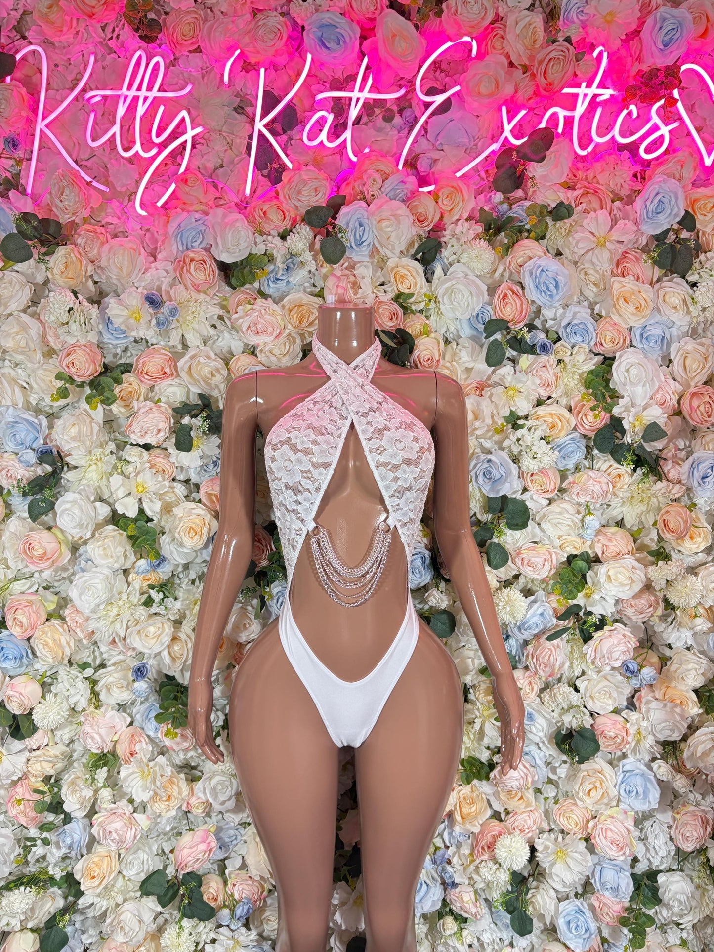 Exotic Dancewear Summer White Bodysuit Chain Exotic Dancewear Bottle girl Outfit