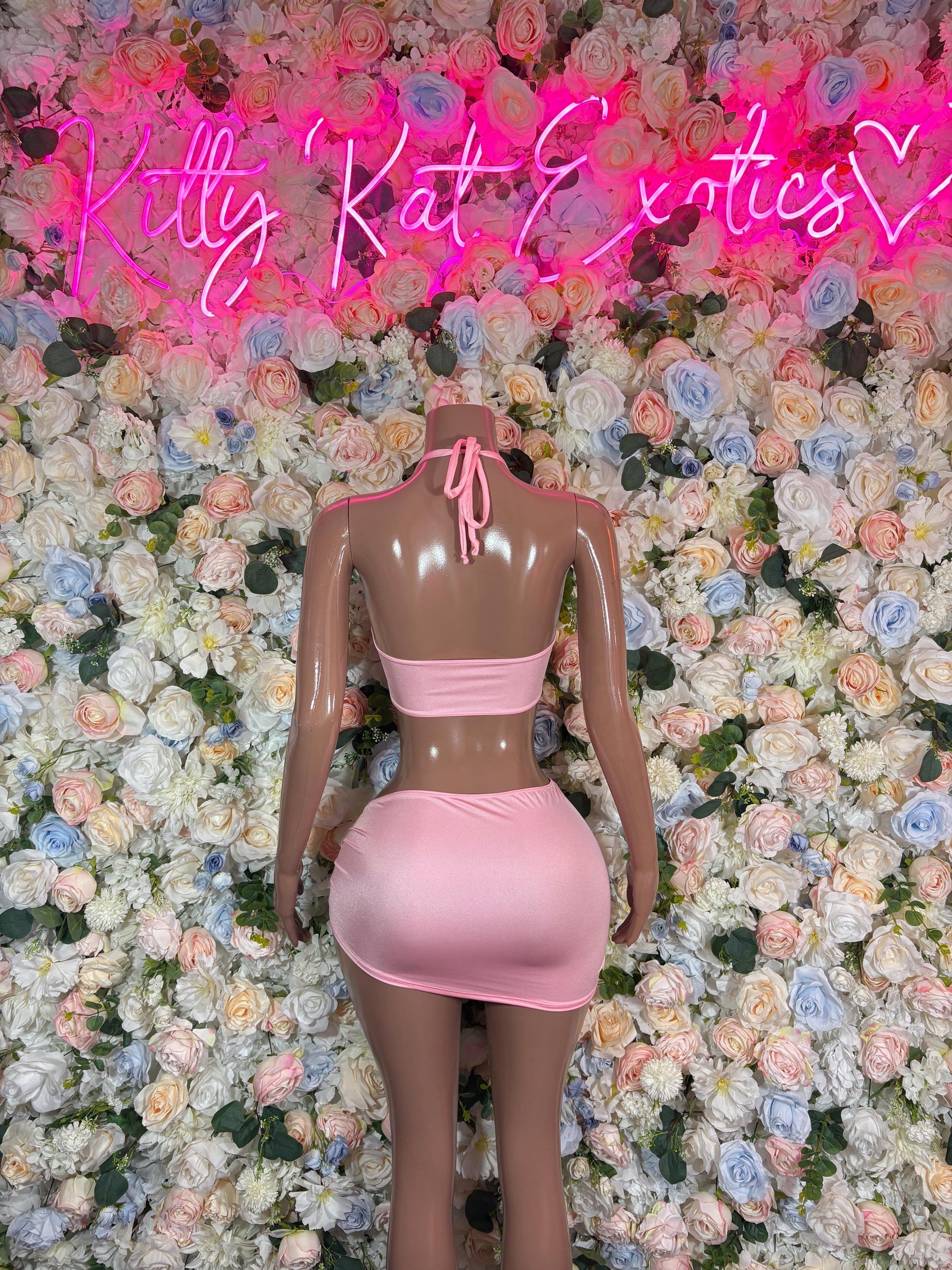 Pink halter mini skirt set with ruched bodice and drawstring waist