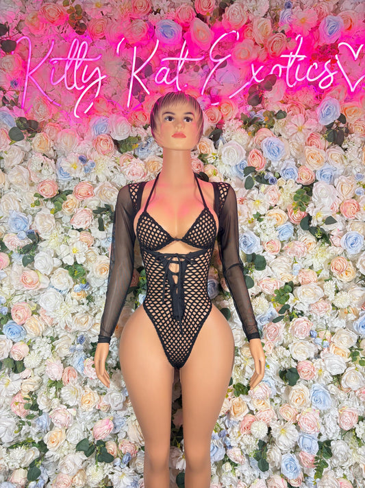 Bottlegirl - One Piece Fishnet Black Bodusuit Rave Outfit - Festival Outfit, EDM Dancewear