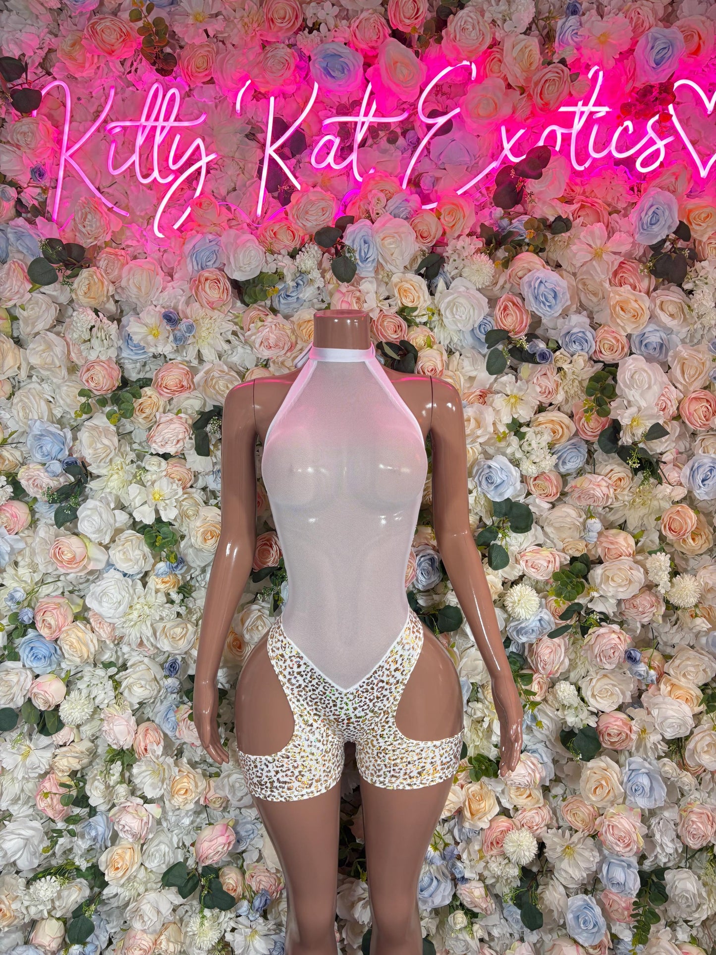 Bottlegirl Bodysuit -  White gold Cheetah  Design | Exotic Dancewear for Performers, Rave Outfits