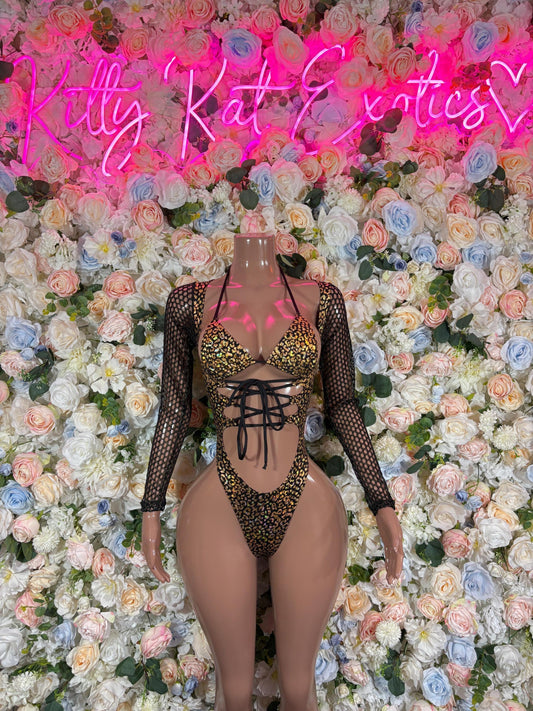 Bottlegirl One-Piece Gold Cheetah  Bodysuit  Exotic Dancewear for Performers, Raves, or Night Out | Bottle girl Outfits