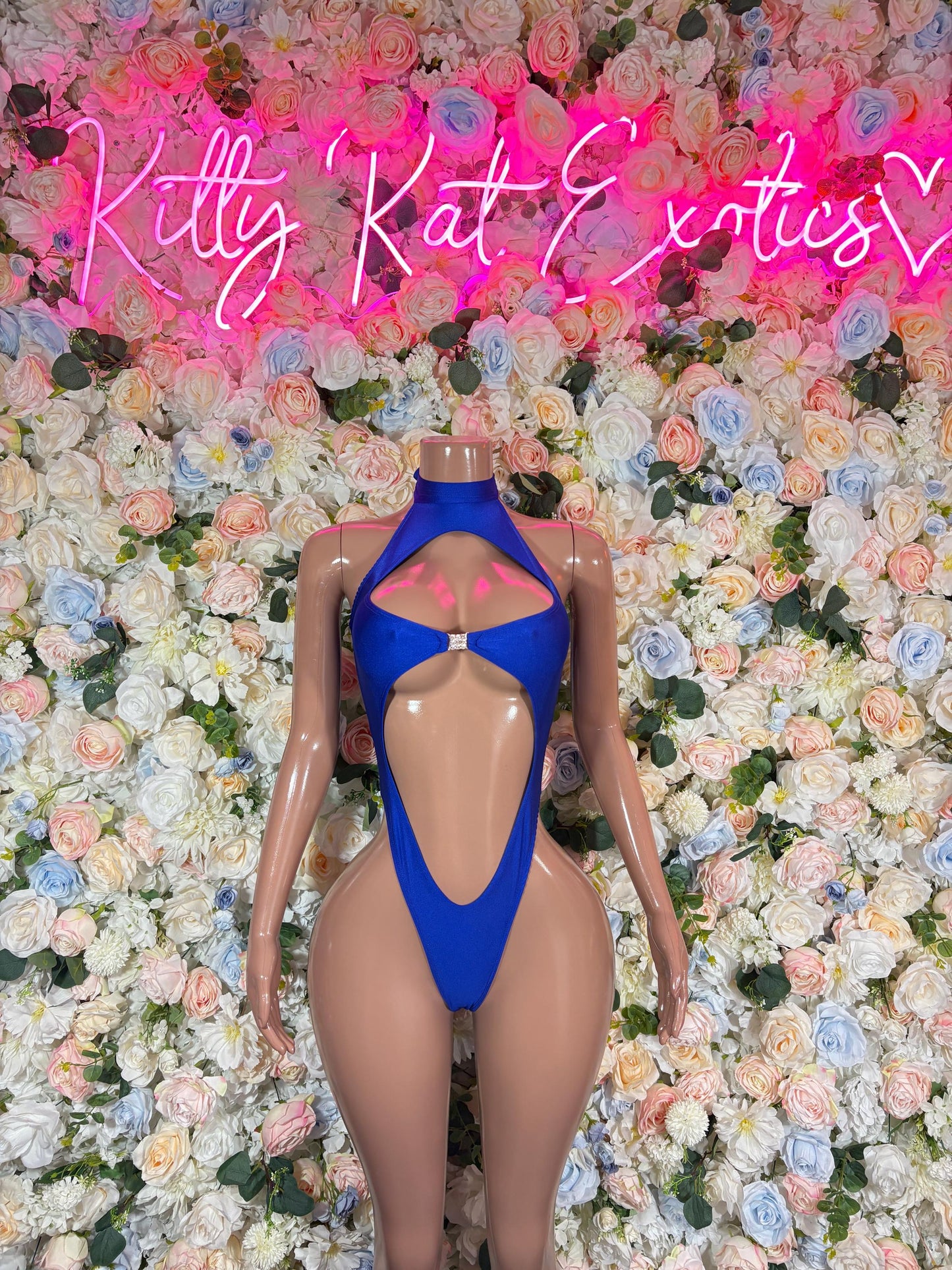 Blue one-piece bodysuit with halter neck and V cutout front