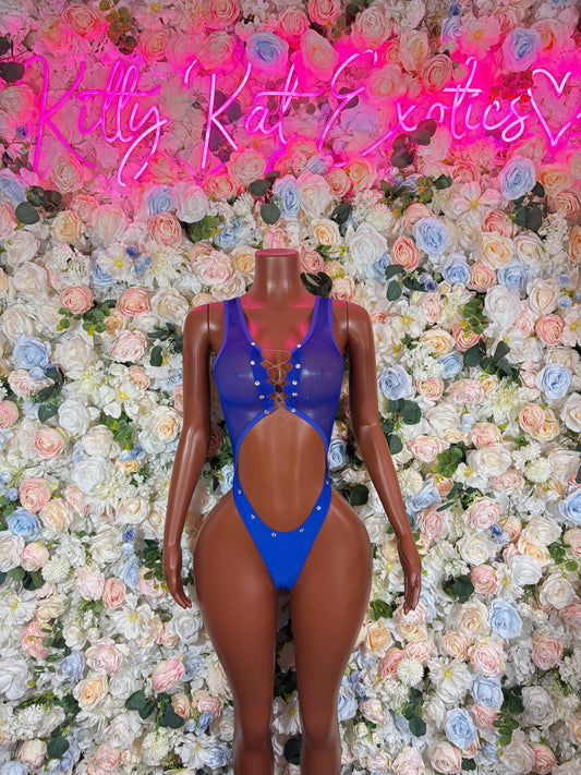 Blue one-piece bodysuit with thin straps and deep V neckline