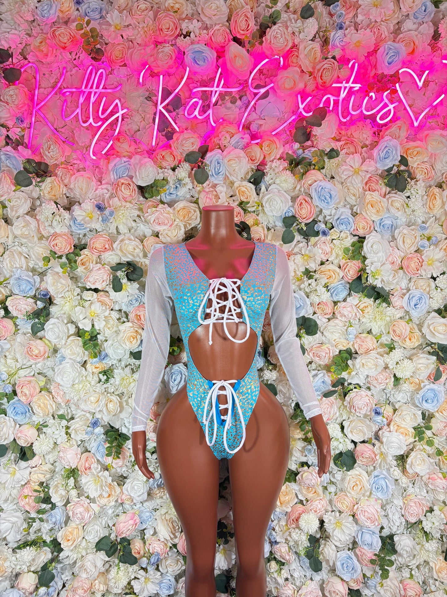 Aqua Cheetah Bodysuit  Bottle Girl Outfit, Bartender Uniform, Rave Festival Wear, Exotic Dancewear, Clubwear Costume, Waitress Set