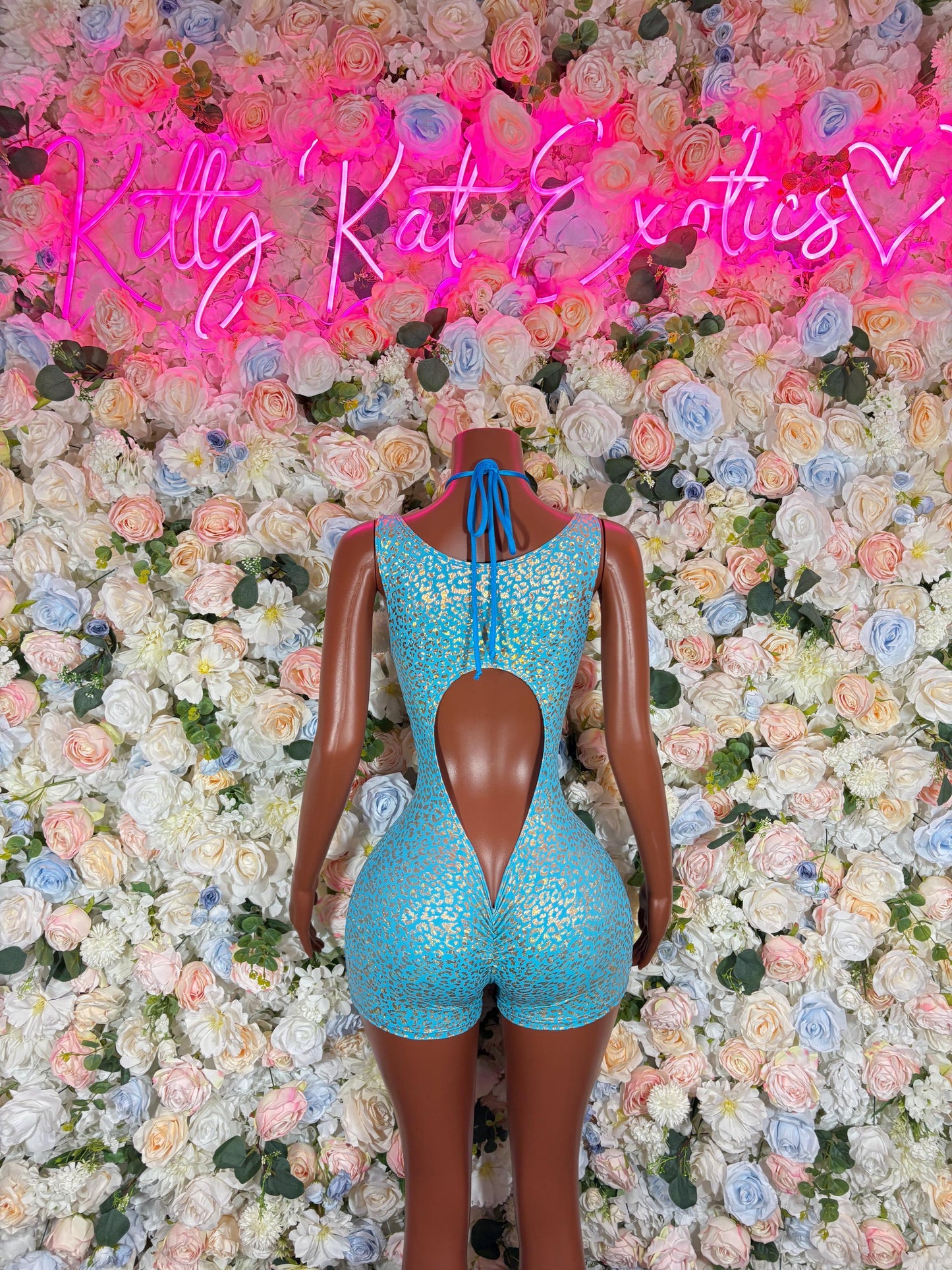 Bottle Girl Bodysuit Aqua Cheetah  Outfit, Bartender Uniform, Rave Festival Wear, Exotic Dancewear, Clubwear Costume, Waitress Set