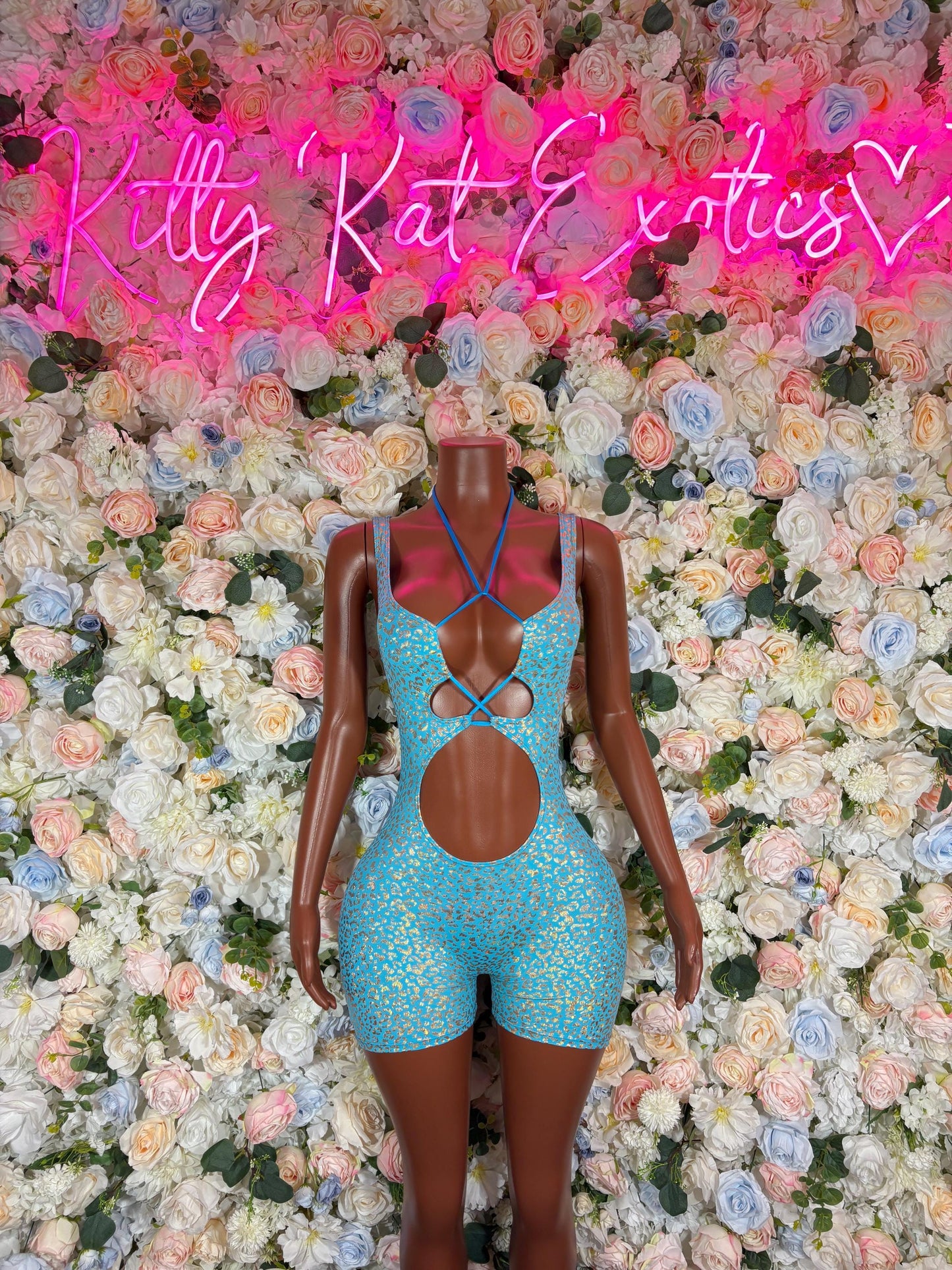 Bottle Girl Bodysuit Aqua Cheetah  Outfit, Bartender Uniform, Rave Festival Wear, Exotic Dancewear, Clubwear Costume, Waitress Set