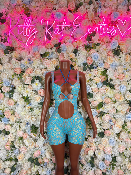 Bottle Girl Bodysuit Aqua Cheetah  Outfit, Bartender Uniform, Rave Festival Wear, Exotic Dancewear, Clubwear Costume, Waitress Set