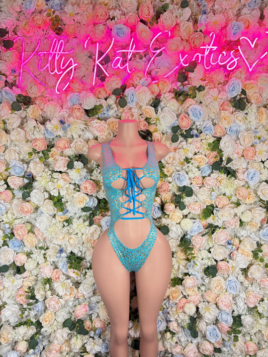 Bottle Girl Bodysuit Aqua Cheetah  Outfit, Bartender Uniform, Rave Festival Wear, Exotic Dancewear, Clubwear Costume, Waitress Set