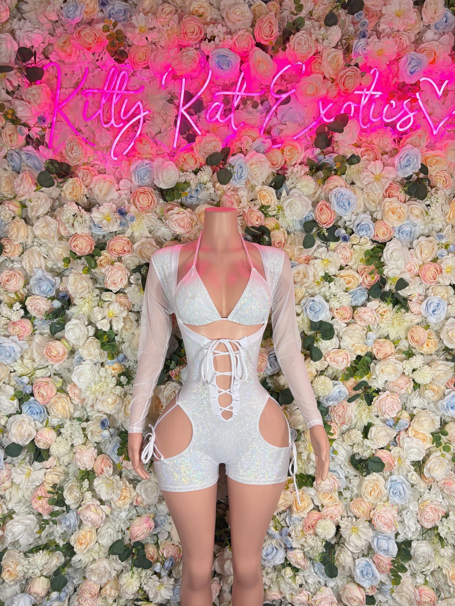 Bottlegirl Bodysuit Summer White Metalic Design | Exotic Dancewear for Performers, Rave Outfits