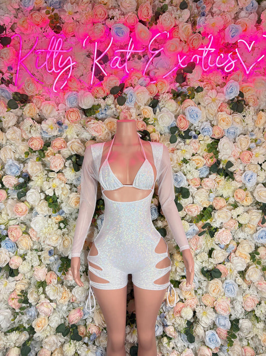 Bottlegirl Bodysuit Summer White Metalic Design | Exotic Dancewear for Performers, Rave Outfits