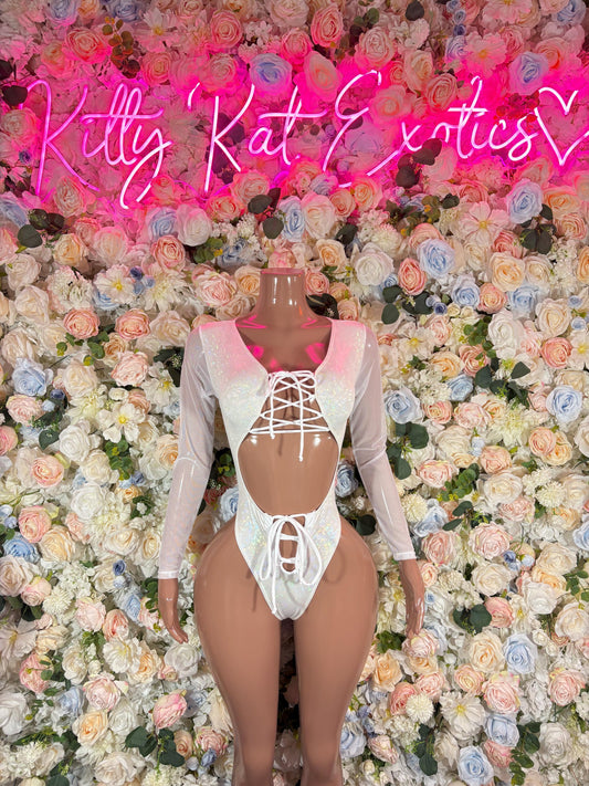 Bottlegirl Outfit Bodysuit Summer White Metalic Design | Exotic Dancewear for Performers, Rave Outfits